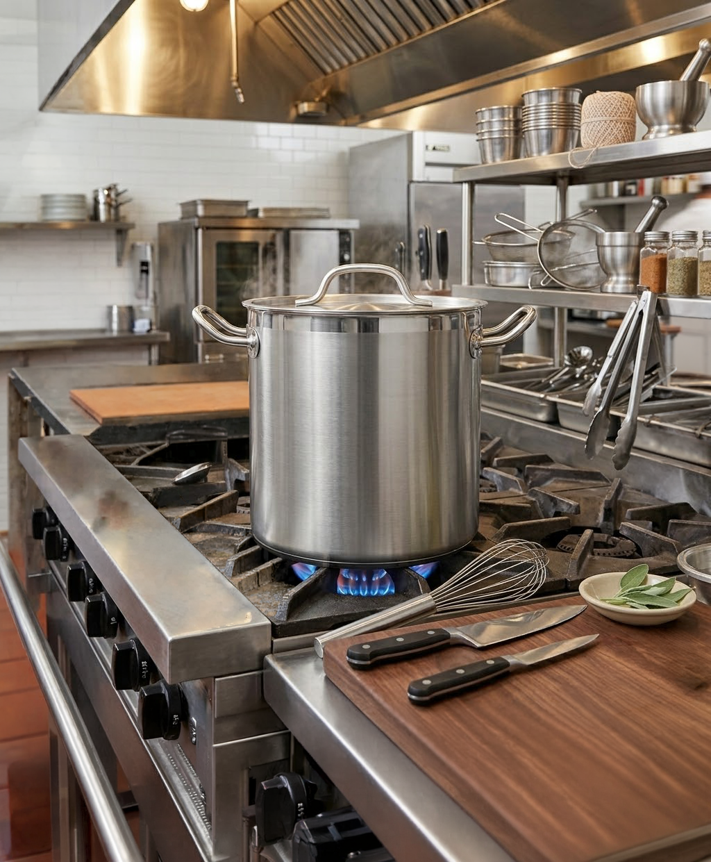 Una cocina industrial con una olla grande.