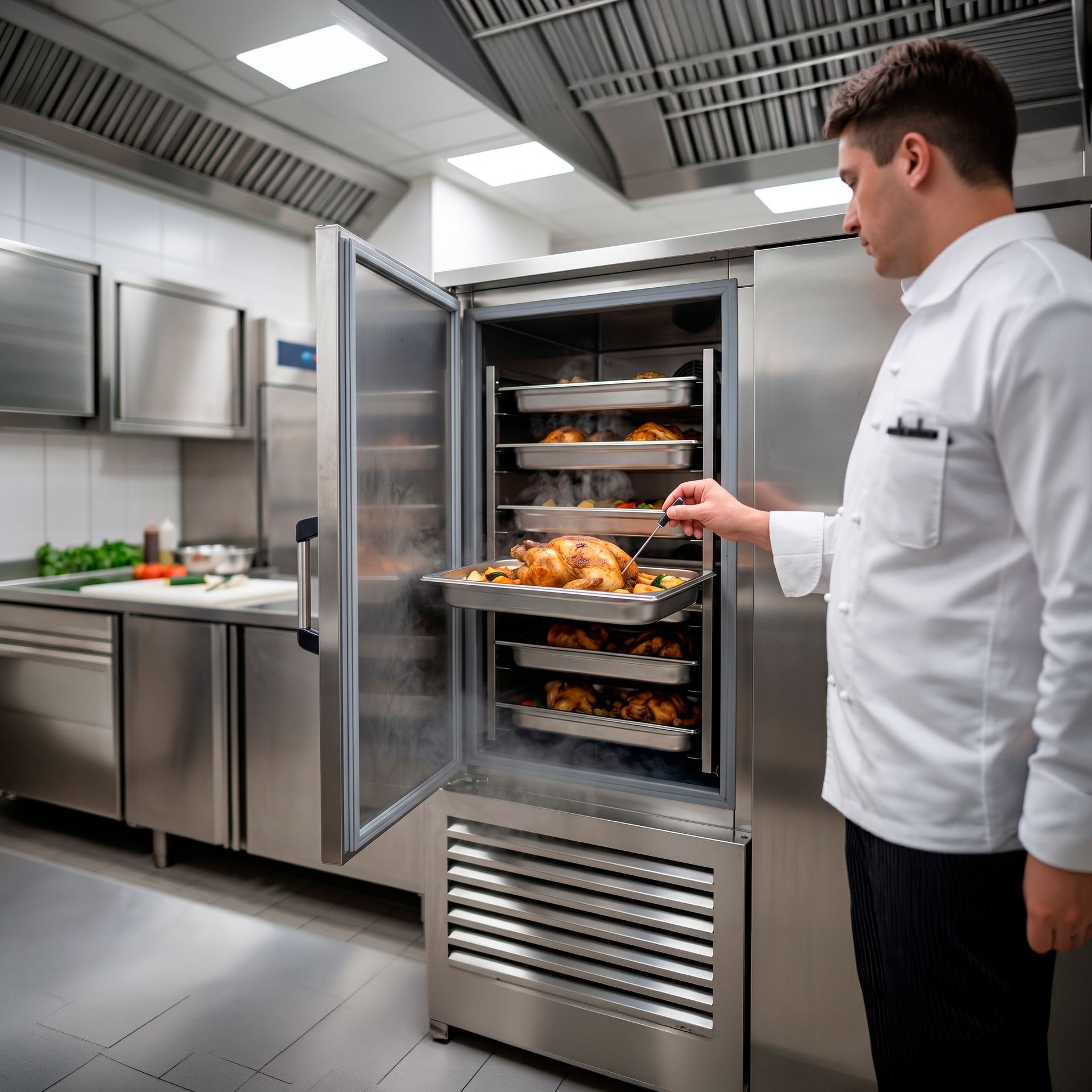 Chef tomando la temperatura de los alimentos en un horno industrial.