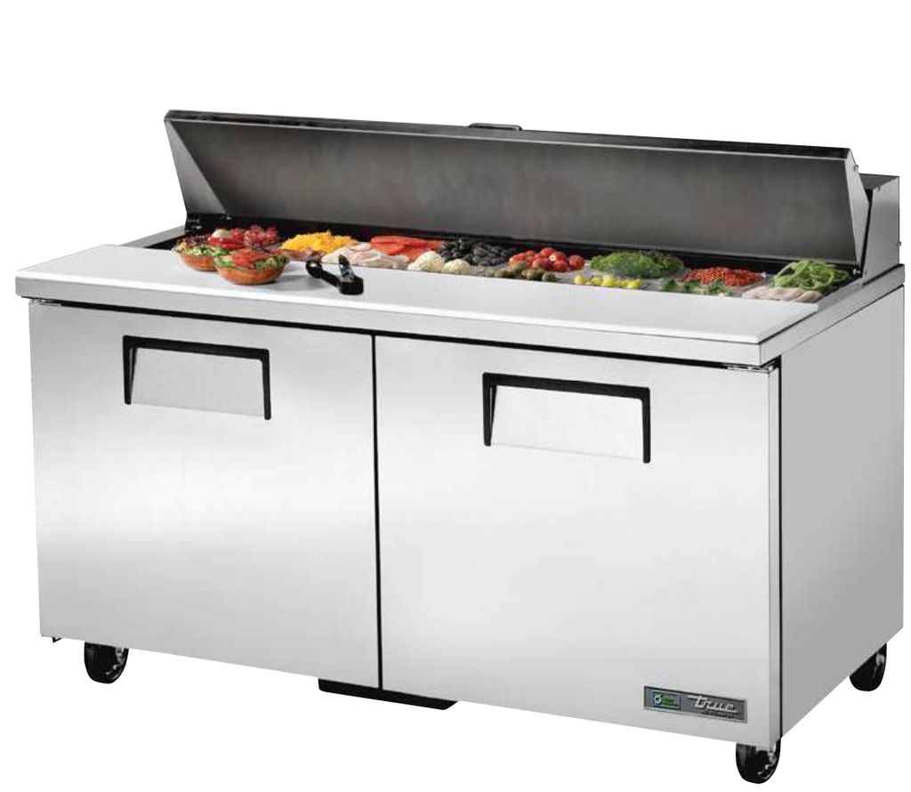 Mesa de preparación refrigerada de 16 recipientes con ruedas ADA y tapas planas - True