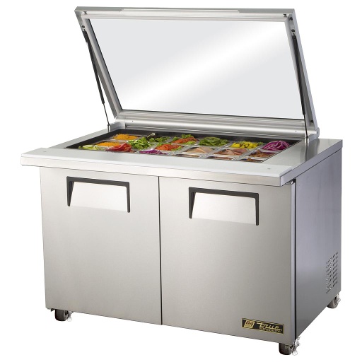 [TSSU-48-18M-B-FGLID-HC-O] Mesa de preparación Mega-Top, 2 puertas sólidas, tapa plana de vidrio, 18 azafates, 48" de frente, HC (Outlet) - True